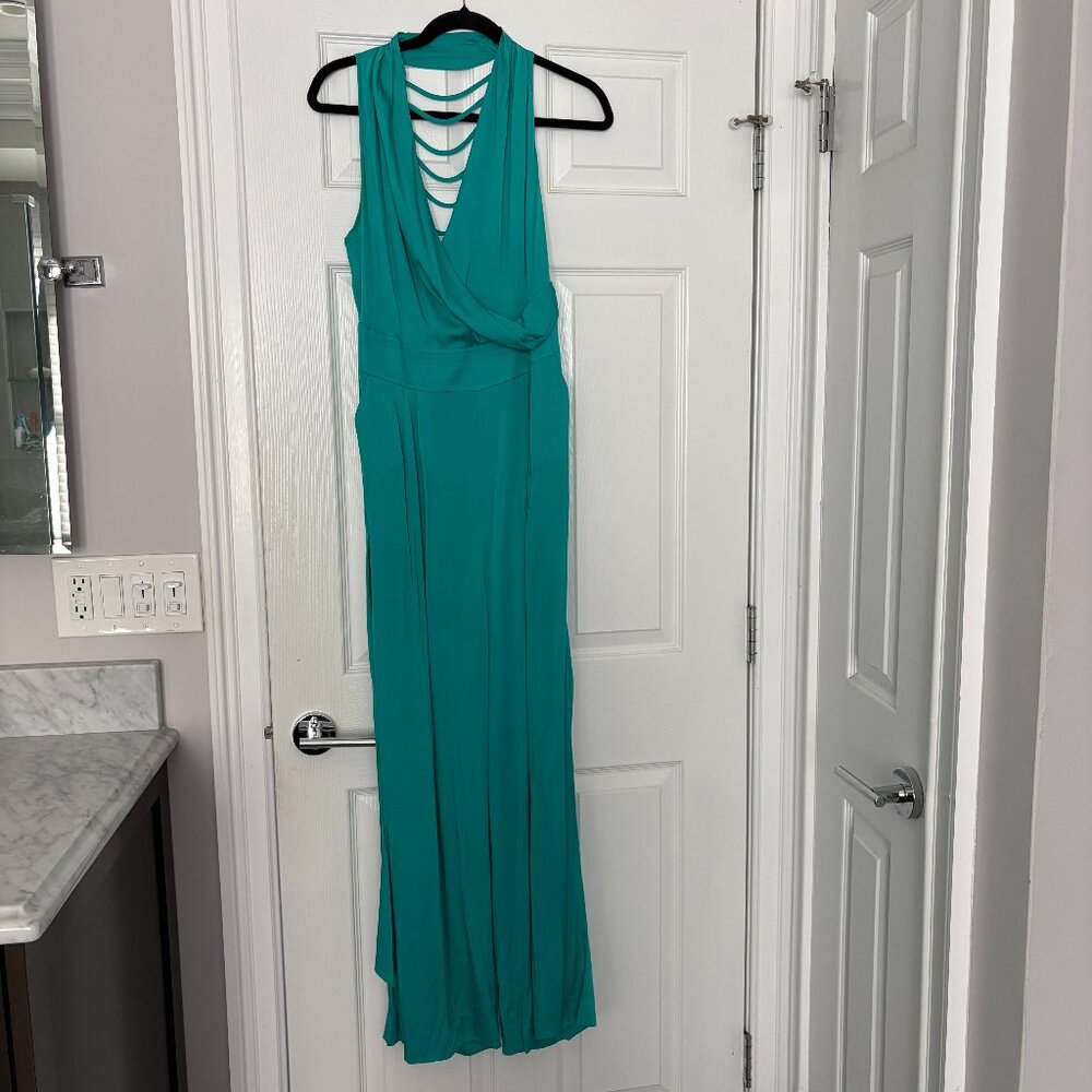 Catherine Malandrino Women's Silk Blend Jumpsuit Teal Pockets Sash Boho Chic 12